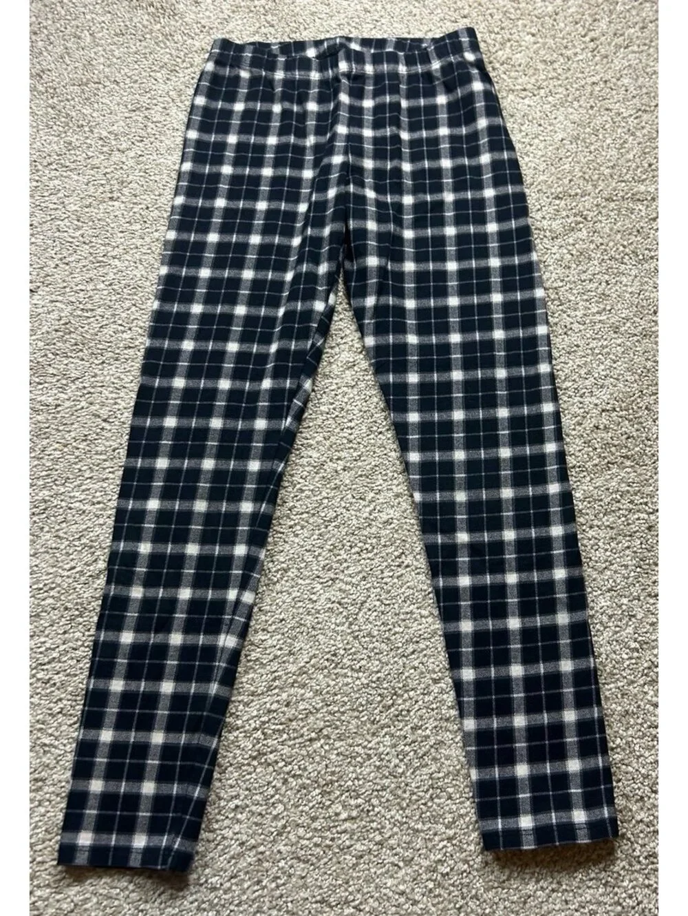 Girls Black White Plaid Fleece Lined Leggings Warm Stretch Winter Pants Sz 10/12